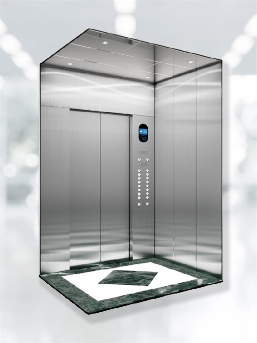 Stainless steel passenger elevator cabin with mirrored rear wall