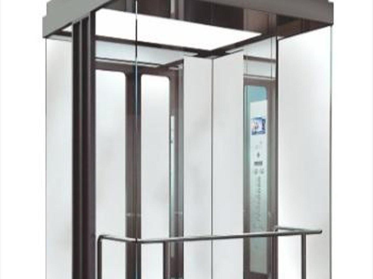 Passenger elevator landing doors in a modern office lobby