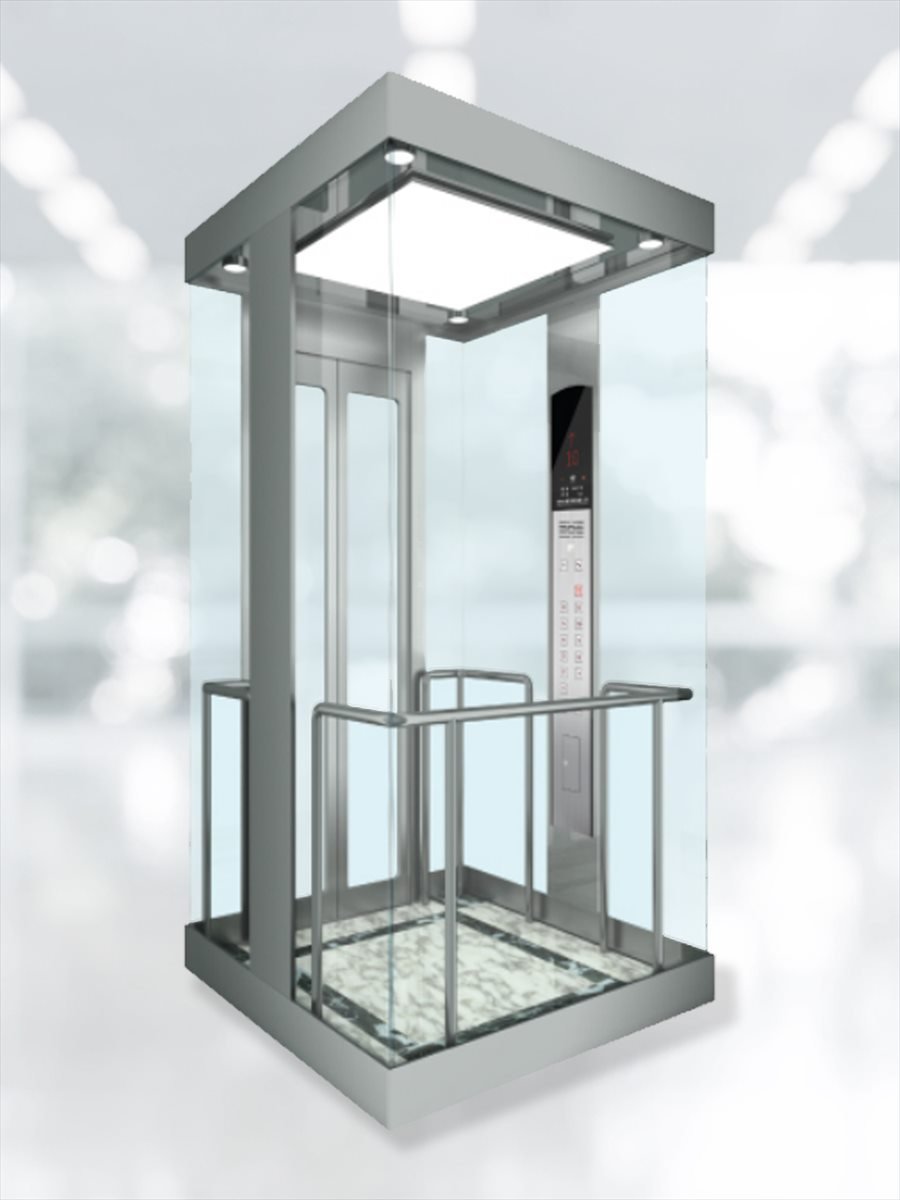 Panoramic glass elevator rising through a bright building atrium